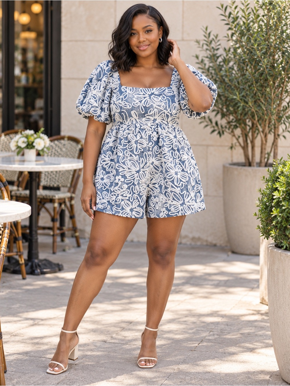 Main Strip Denim Chenille Floral Romper Large Puff Sleeve Square Neck